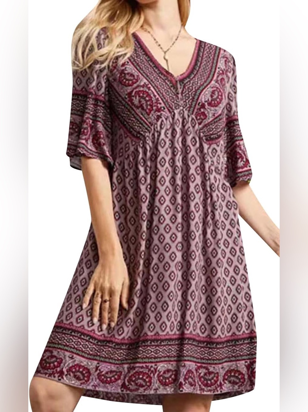 Boho V-Neck Flutter Sleeve Dress - Mauve Pink Print